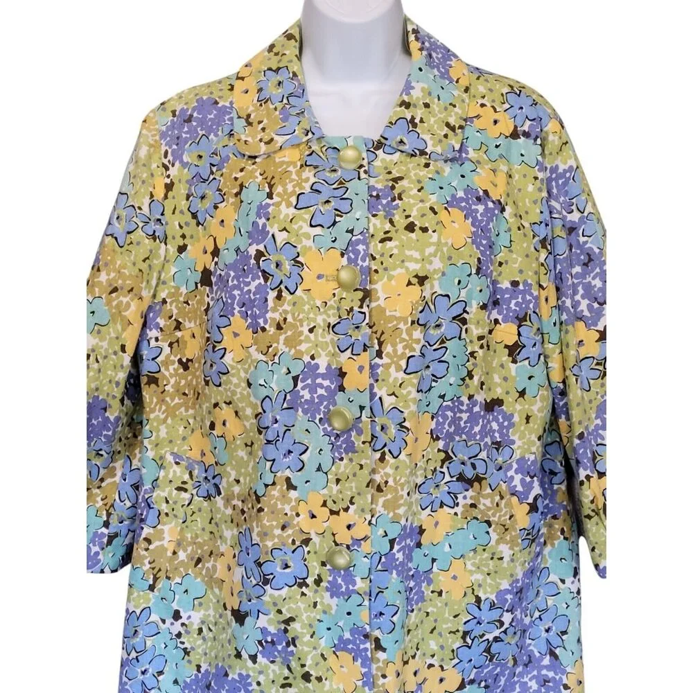 R.Q.T  Linen Blend Floral 70s Blazer Jacket Womens L Lined‎ Cottage Core Pockets